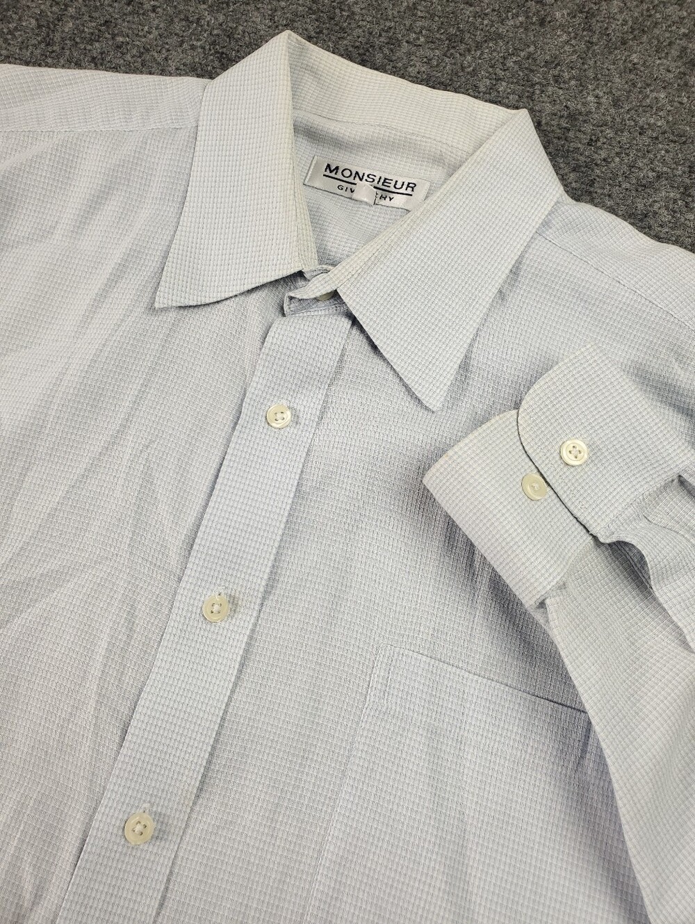 Vintage Givenchy Monsieur Dress Shirt 16.5 34/35 Light Blue White Micro Check
